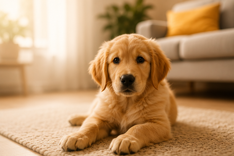 Cachorro golden retriever en la sala de un hogar