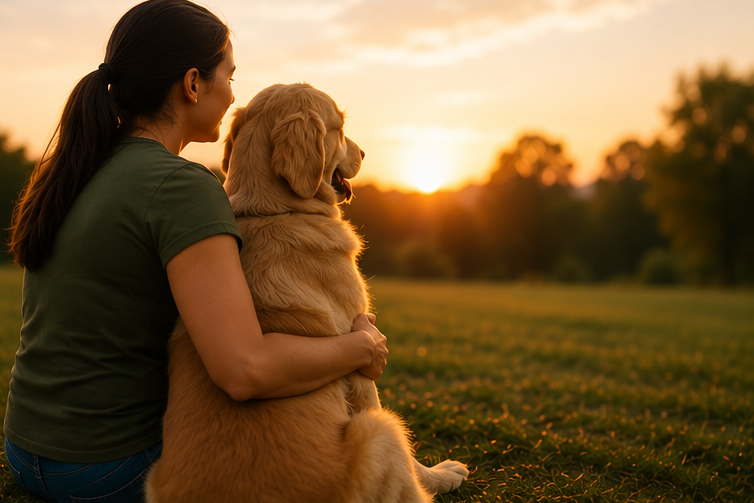 Mujer abrazando a su perro al atardecer