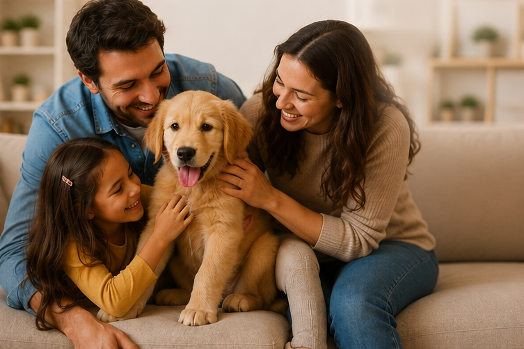 Familia feliz con su perro en casa